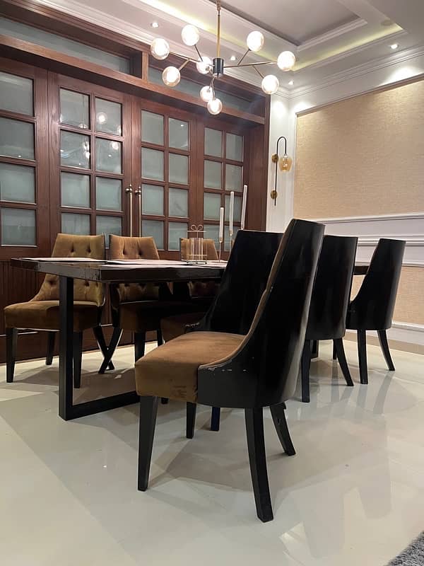 Dark brawn wooden dining table with sofa chairs set 2