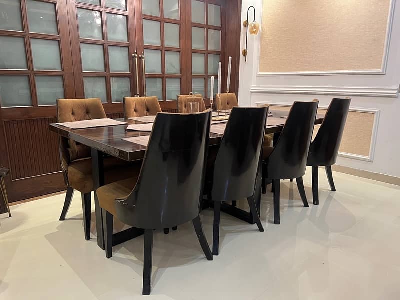 Dark brawn wooden dining table with sofa chairs set 3