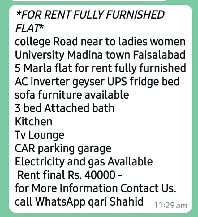 Fully furnished apartment flat for rent Madina town college Road Faisalabad 21