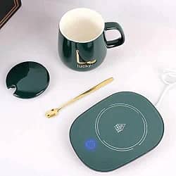 Electric Heating Cup Pad with Ceramic Mug, Lid & Spoon 2