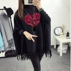 fleece  heart tree printed poncho black