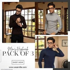 3 Pcs Men's Cotton Plain highneck