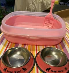 cat litter tray  and pink colour food bowls set