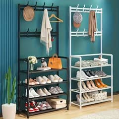 Elegant entryway organiser with metal coat rack and shoe shelf