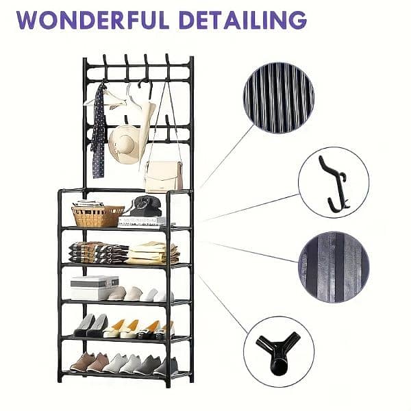 Elegant entryway organiser with metal coat rack and shoe shelf 1