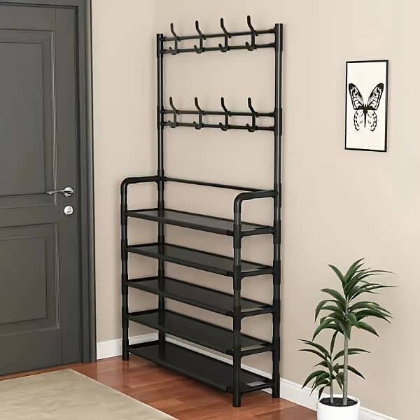 Elegant entryway organiser with metal coat rack and shoe shelf 2