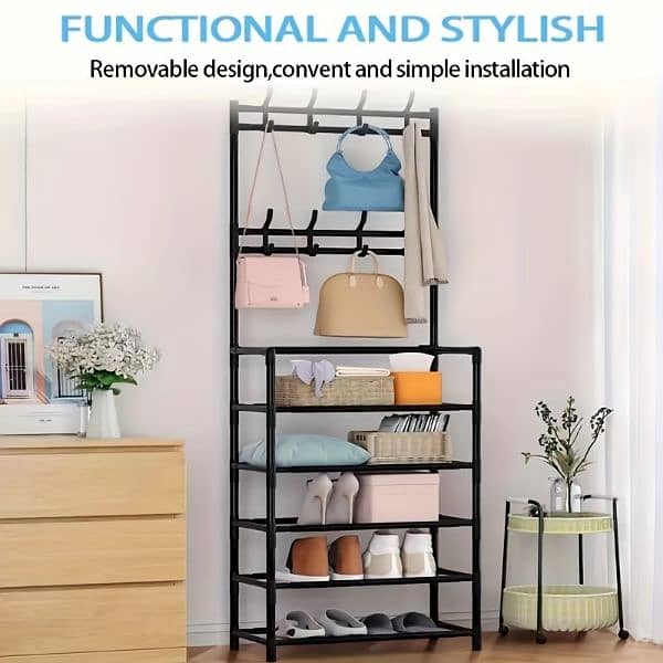 Elegant entryway organiser with metal coat rack and shoe shelf 3