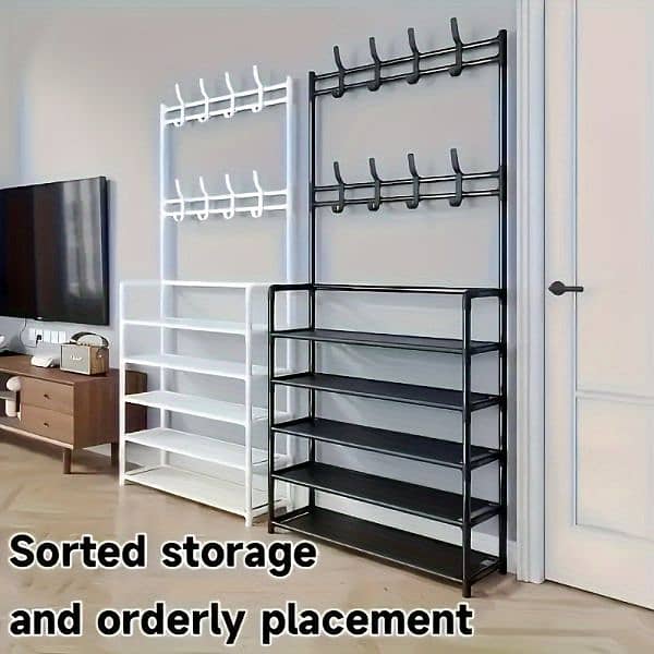 Elegant entryway organiser with metal coat rack and shoe shelf 6