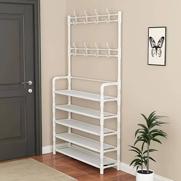 Elegant entryway organiser with metal coat rack and shoe shelf 7