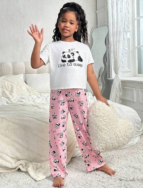 Pink Panda Cartoon Character Kids Night Pajamas for Girls 0