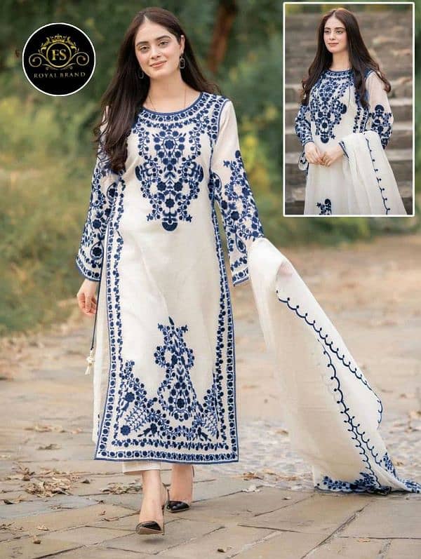 3 pcs women's stitched organza embroidered suit 0