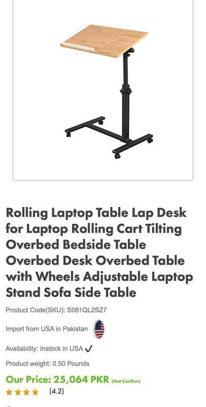 Rolling Laptop  Desk Overbed Table with Wheels Adjustable Laptop Stand 0