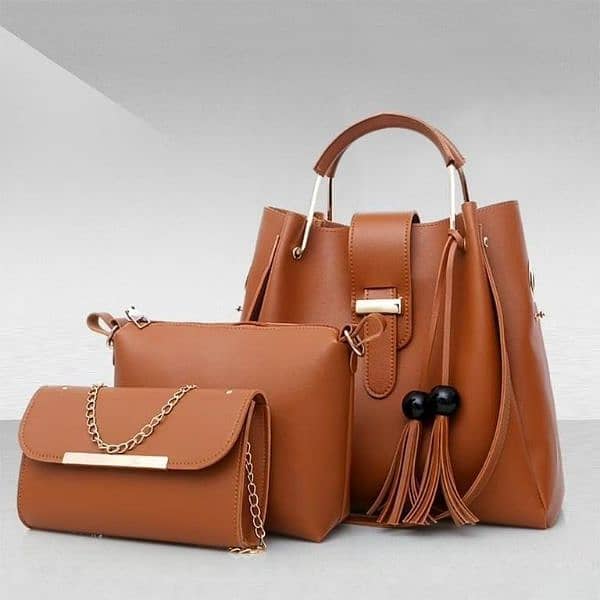 Stylish Women's Brown Leather Hand Bag Set - 3 pcs 0