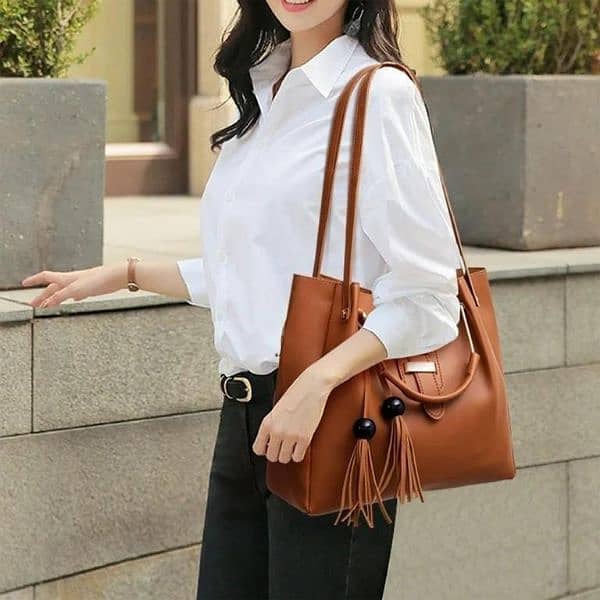 Stylish Women's Brown Leather Hand Bag Set - 3 pcs 1