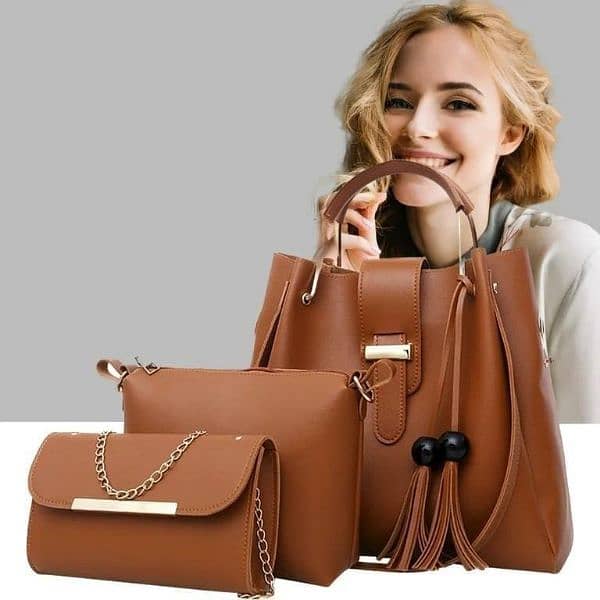 Stylish Women's Brown Leather Hand Bag Set - 3 pcs 2