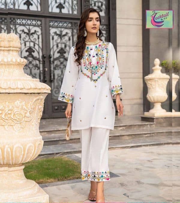 2 piece linen stitched Embroidered with mirror suit 1