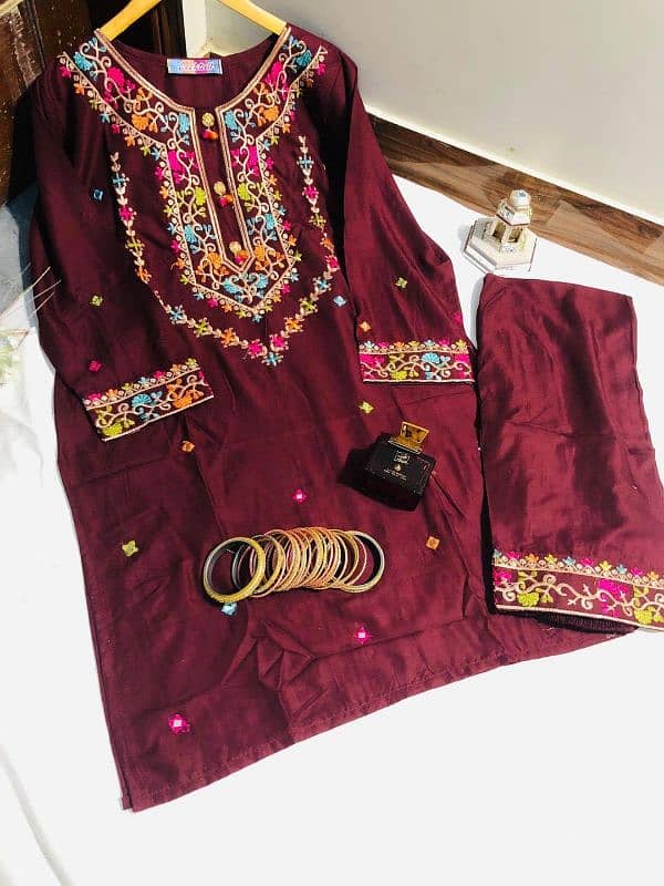 2 piece linen stitched Embroidered with mirror suit 6