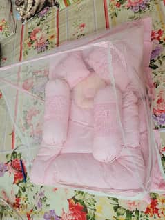 baby girl pink bed set with comforter and baby bag