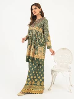 Gold paste print embroidered frock with sharara.