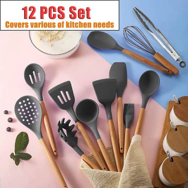 Silicone Kitchen Set Wooden Handle and Storage Box 2