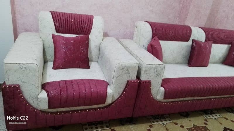 5 seater drawing room luxury sofa set premium white and maroon color 4