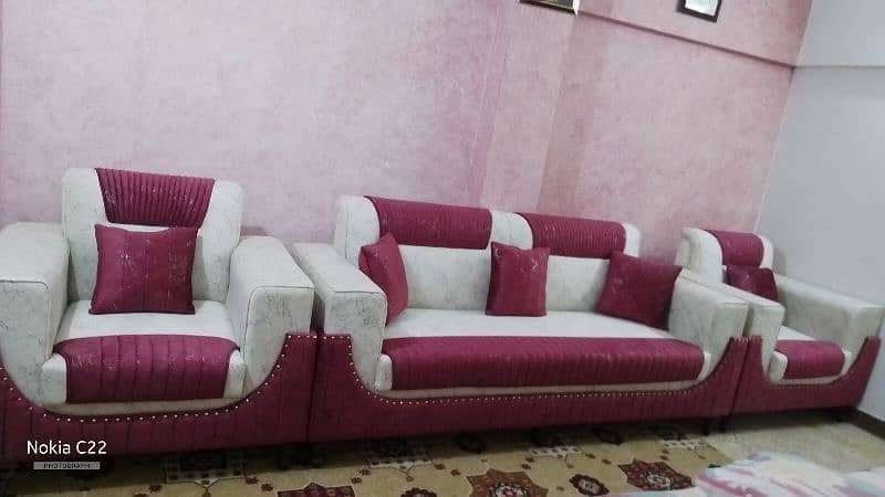 5 seater drawing room luxury sofa set premium white and maroon color 5