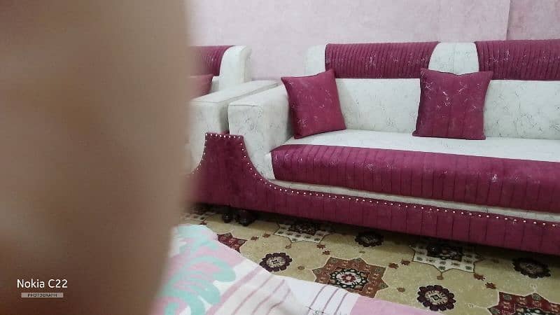 5 seater drawing room luxury sofa set premium white and maroon color 6