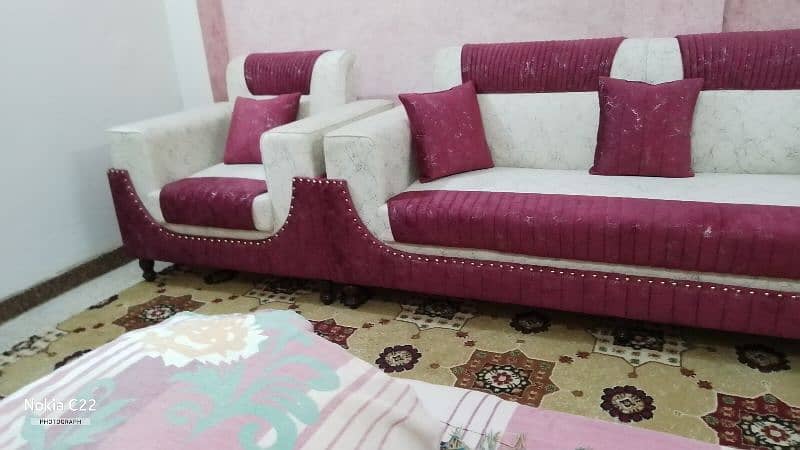 5 seater drawing room luxury sofa set premium white and maroon color 7