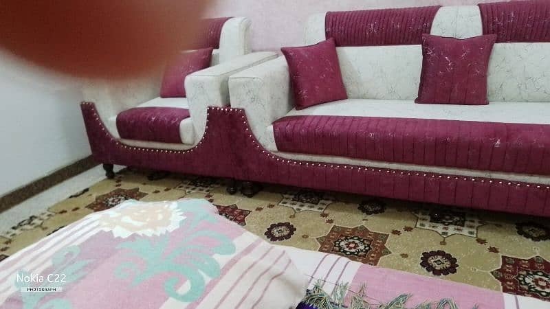 5 seater drawing room luxury sofa set premium white and maroon color 8