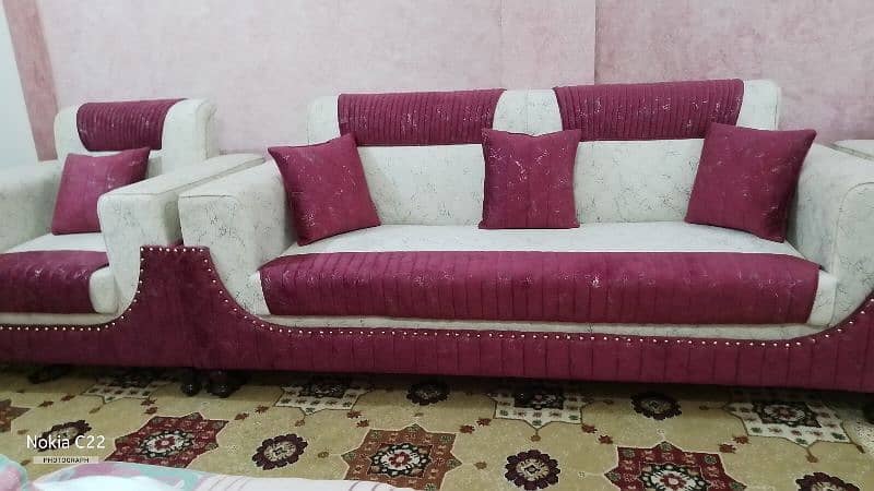 5 seater drawing room luxury sofa set premium white and maroon color 10