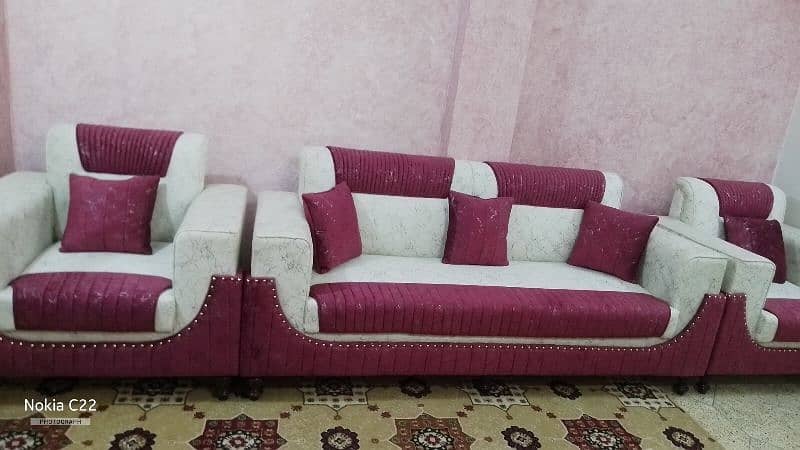 5 seater drawing room luxury sofa set premium white and maroon color 11