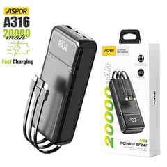 Aspor A316 20000mah High Speed Built In Cable Fast Charging Power Bank