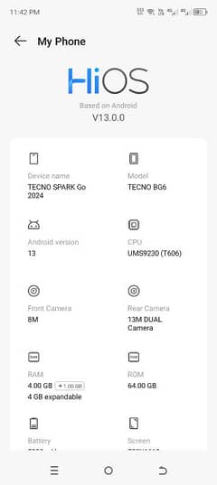 Tecno Spark Go, Model BG6 4GB,64GB