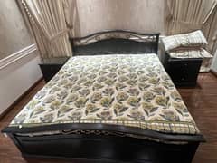 queen size bed with 2 side tables without mattress