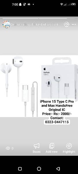 iPhone 15 Type C Pro and Max HandsFree Original IC 2