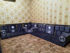 "Majlis Style L-Shaped Sofa with Curtains - Elegant Arabic Design"