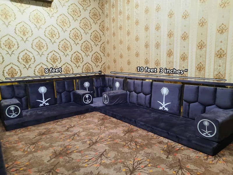 "Majlis Style L-Shaped Sofa with Curtains - Elegant Arabic Design" 1