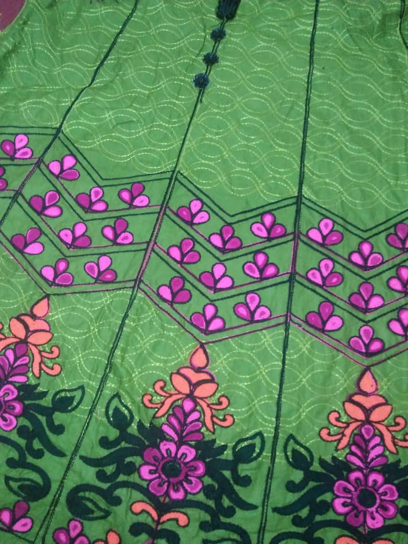 Traditional Green Embroidered Frock with Vibrant Floral Design 1