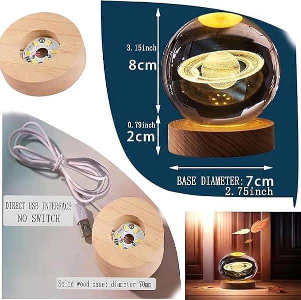 3.15 inch 3D Planet Crystal Ball,with Wooden Base,Night Light 8cm 1