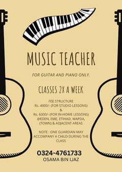 Music Teacher in Lahore for Guitar and piano