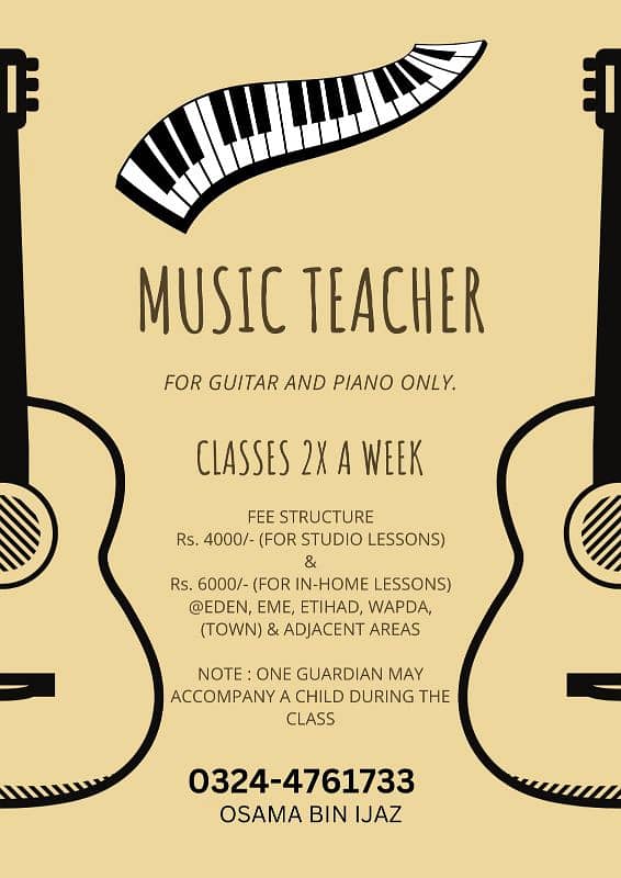 Music Teacher in Lahore for Guitar and piano 0