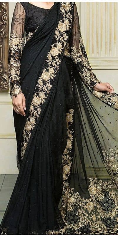 Luxury chiffon embroidered Black Saree. unstiched 3