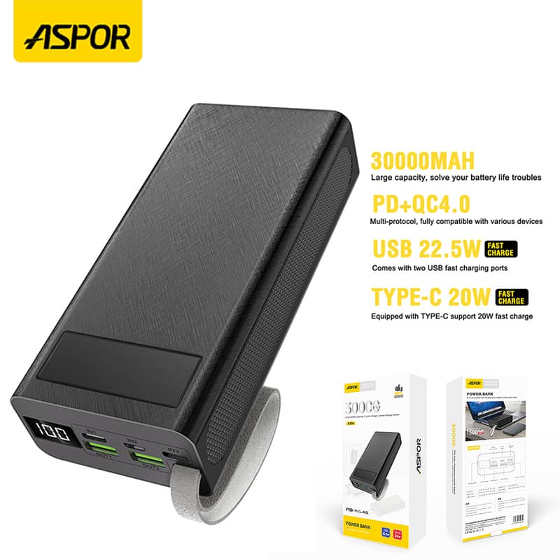 ASPOR A317 22.5W 30000MAH FAST CHARGING POWER BANK WITH 3 CABLES BLACK 4