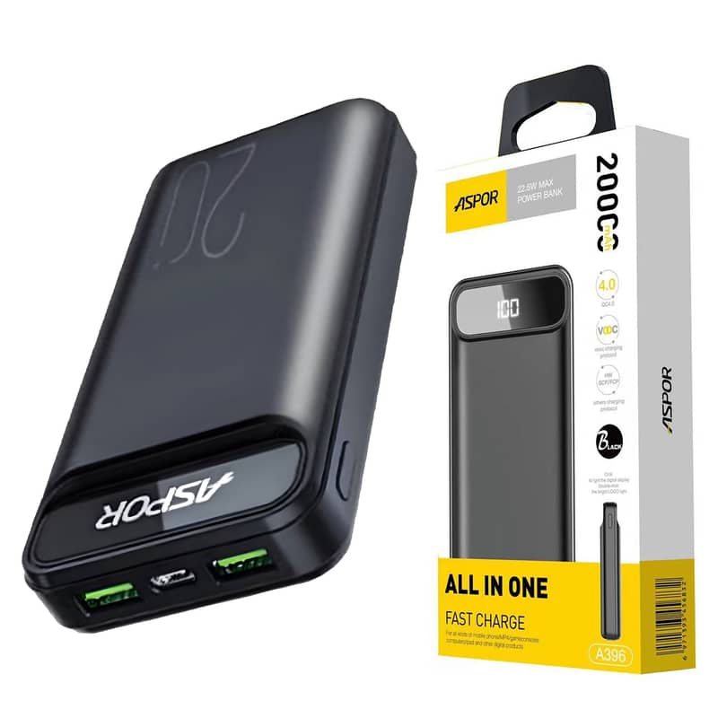 ASPOR A317 22.5W 30000MAH FAST CHARGING POWER BANK WITH 3 CABLES BLACK 10