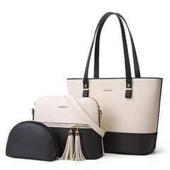 stylish women's PU leather shoulder bag - chic black and white 3 piece