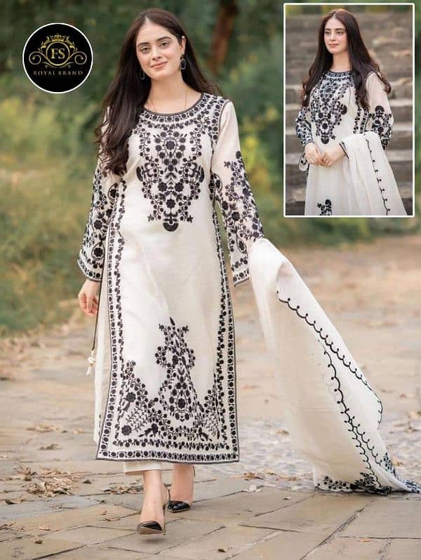 3pcs women stitched organzaEmberoidered suit 0