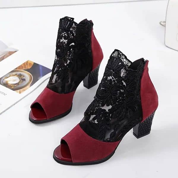 Open toe chunky heels lace mesh sandals original brand Shein 1