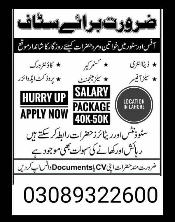 office work male and female staff required 0