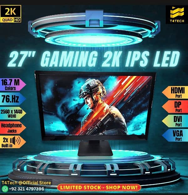 GAMING 27" INCH 2K LED MONITOR, 16:9 WQHD IPS LCD HDMI, DP, DVI, VGA 0