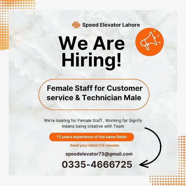 Female For  complaints dealing - elevator Technician Male - Jobs 0